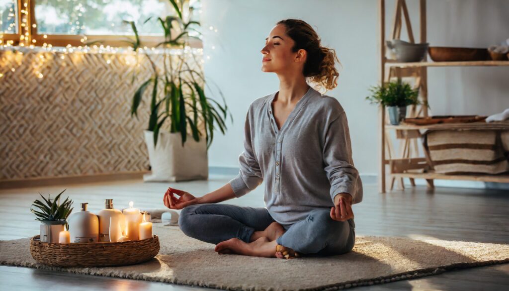 A woman sitting cross legged in a yoga pose, with candles in front of her.