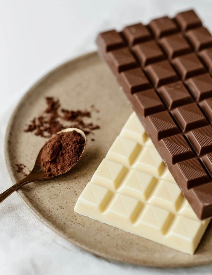A picture of brown powder on a spoon, sitting next to white and milk chocolate bars.