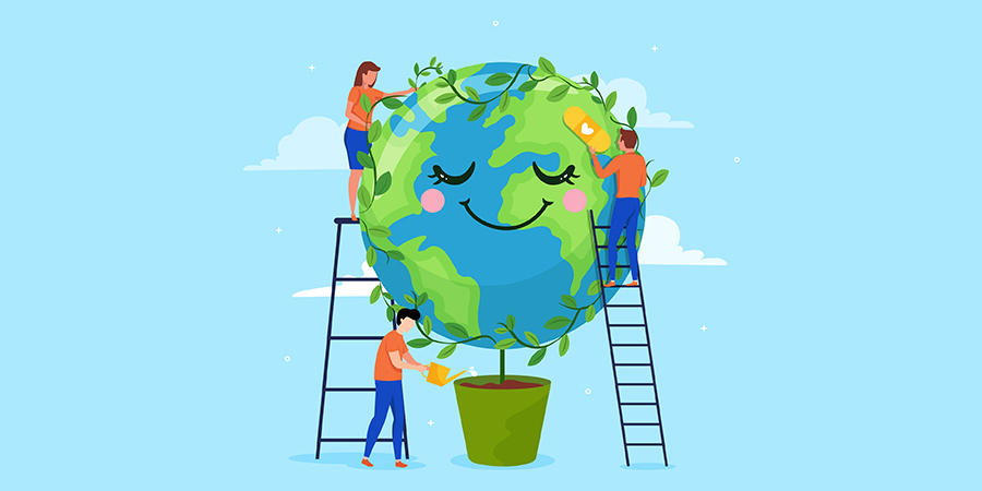 A picture of a smiling earth, growing out of a plant vase, with a few people on ladders watering it and helping it.
