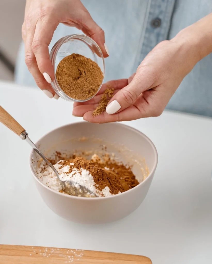 A picture of the hands and arms of a person, as they pour a brown flour into a bowl with a white flour already in it.